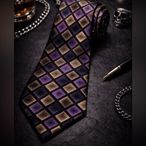 Adolfo Silk Tie Purple Gold Diamond